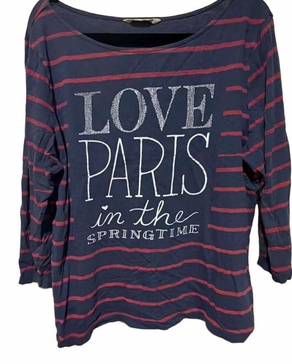 Old Navy Navy Blue and Red Striped Long Sleeve Top with 'Love Paris in the Sprin